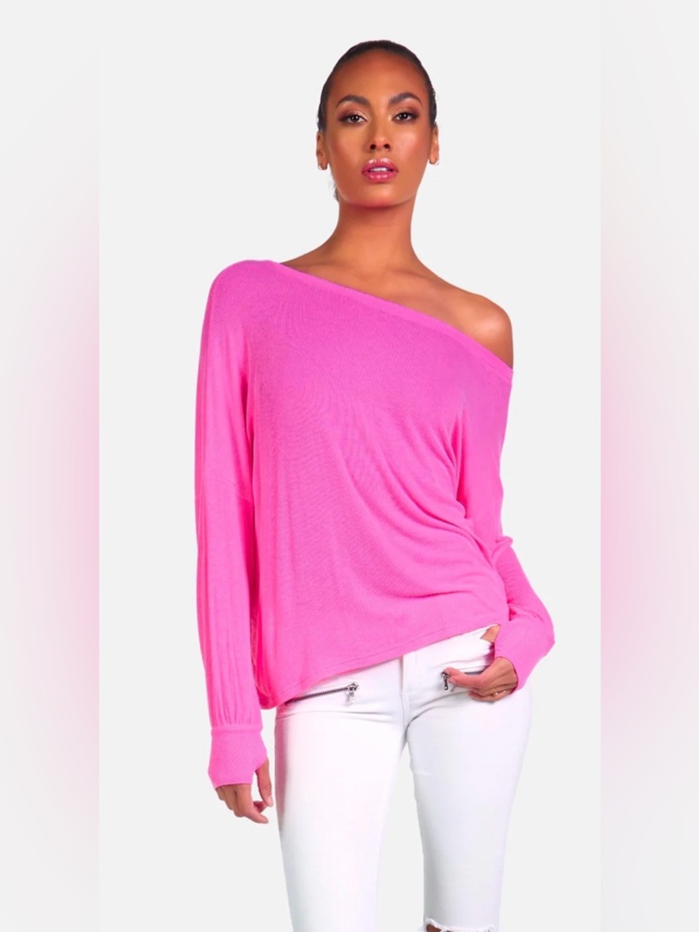 NWT Michael Lauren “Kristopher” Off-the-Shoulder Fluorescent Pink Sweater - L
